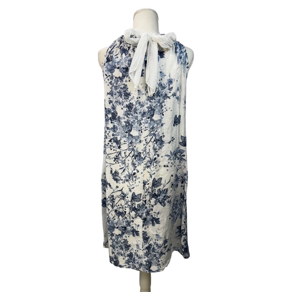 Italian Linen Trapeze Dress Ecru Blue Toile Floral Tie Neck Lined S/M Resort - Picture 3 of 14